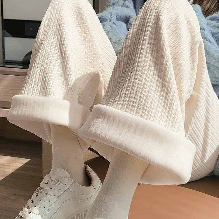 米白色雪尼尔阔腿裤女秋冬高腰显瘦休闲裤宽松垂感直筒