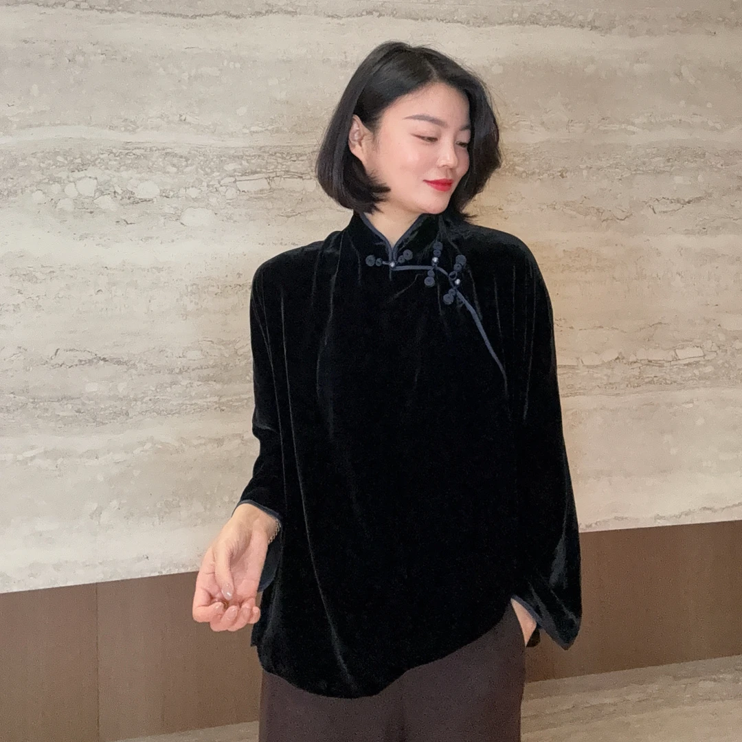 TANTAN 100真丝 气质中式立领简约早秋丝绒上衣3067