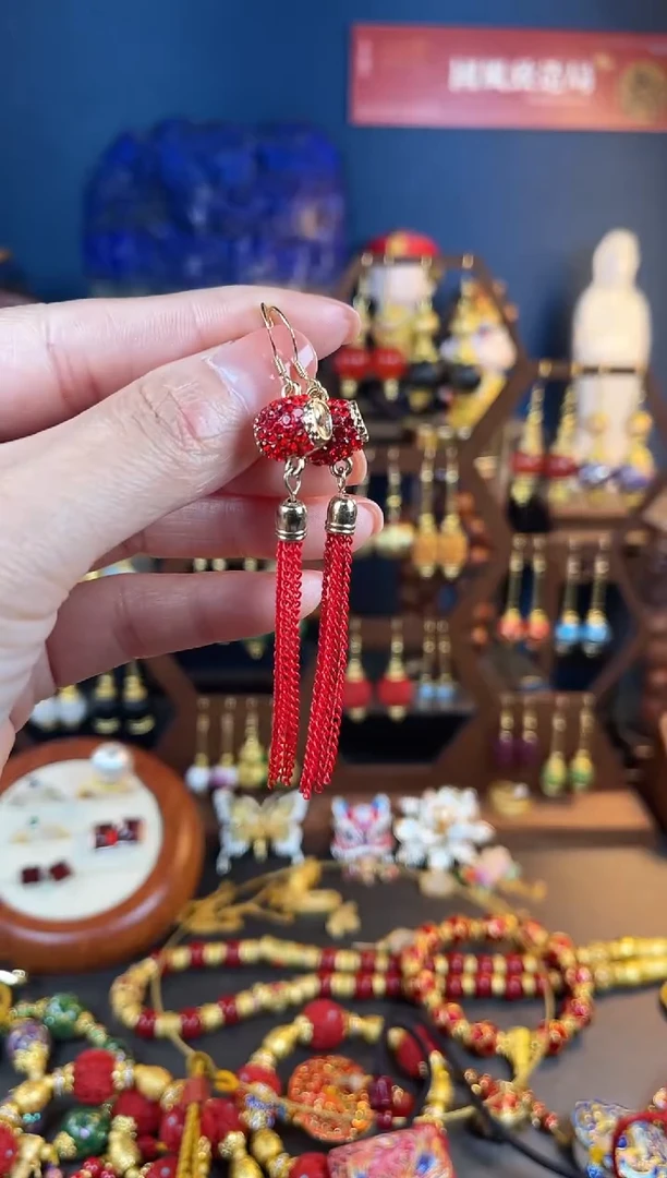 【闪购商品】灯笼红色珐琅景泰蓝耳钩