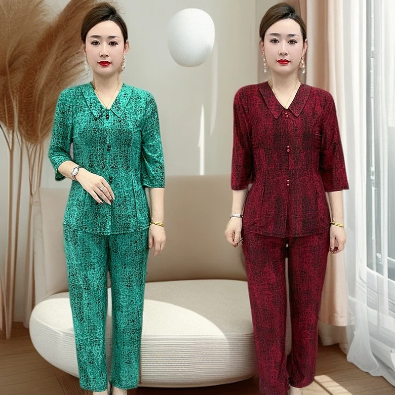 妈妈夏季洋气七分袖家居服显瘦休闲外出睡衣时尚显瘦新款时尚套装