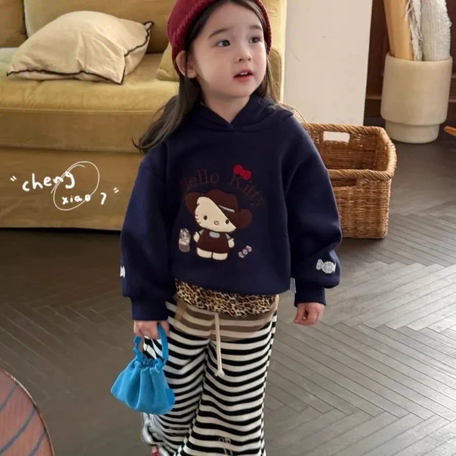 女童加绒加厚套装2025秋冬新款女童韩版KT猫可爱加绒卫衣条纹裤