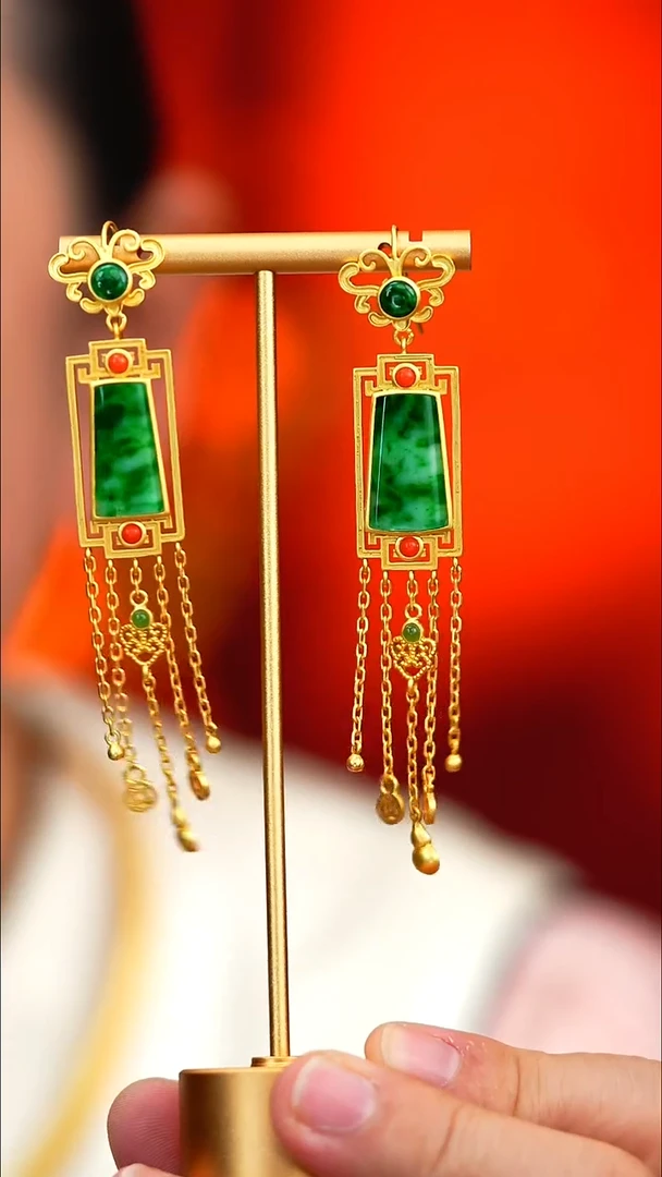 银S925镶嵌翡翠耳饰新款