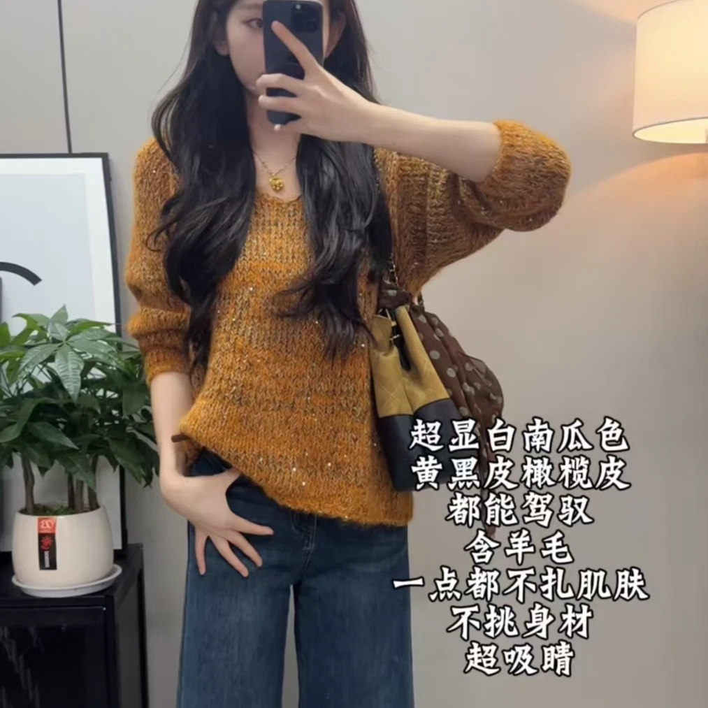 复古慵懒风韩系宽松减龄2025新款羊毛加厚宽松套头V领针织衫上衣