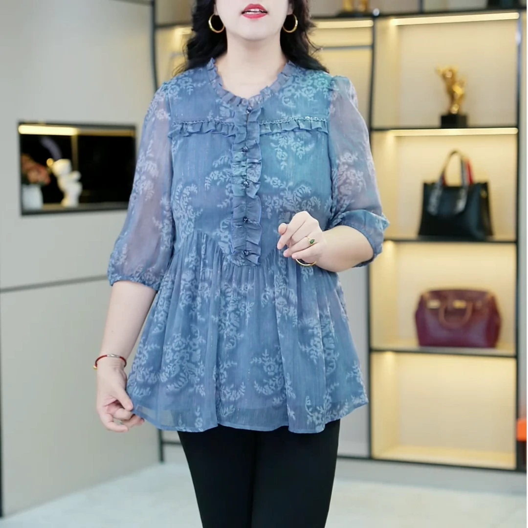 苏兰诺夏季新款大码女装气质宽松遮肉显瘦翻领衬衫ZB6726七分袖