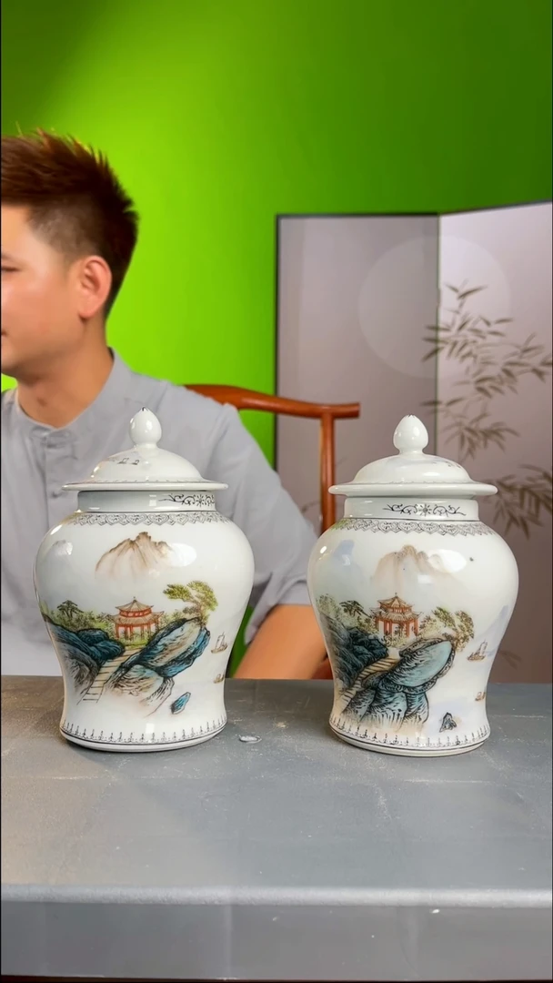 工艺品火*粉彩山水将军罐