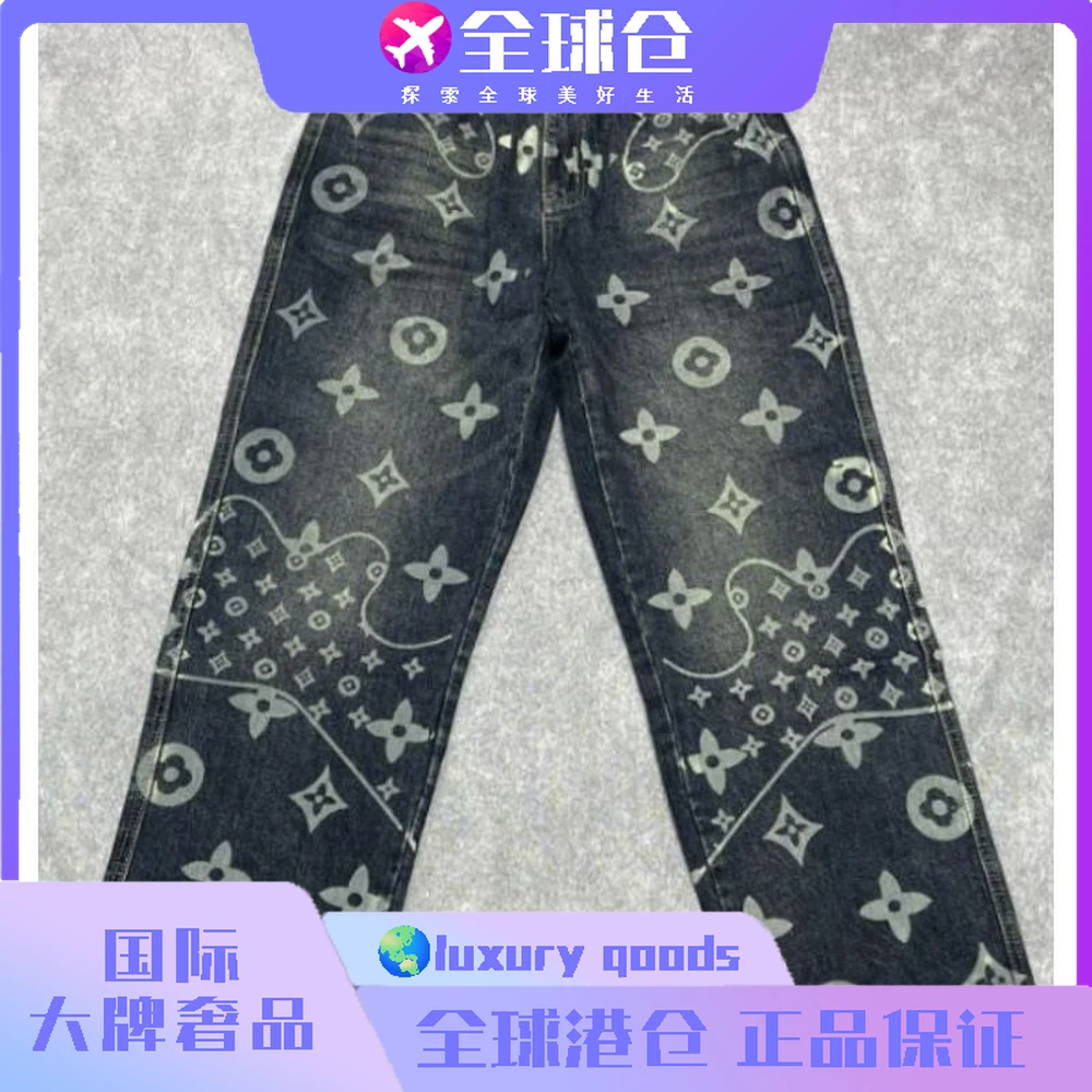 大牌奢品-888-1-无弹水洗印花牛仔裤赤耳阔腿裤常规款直筒裤