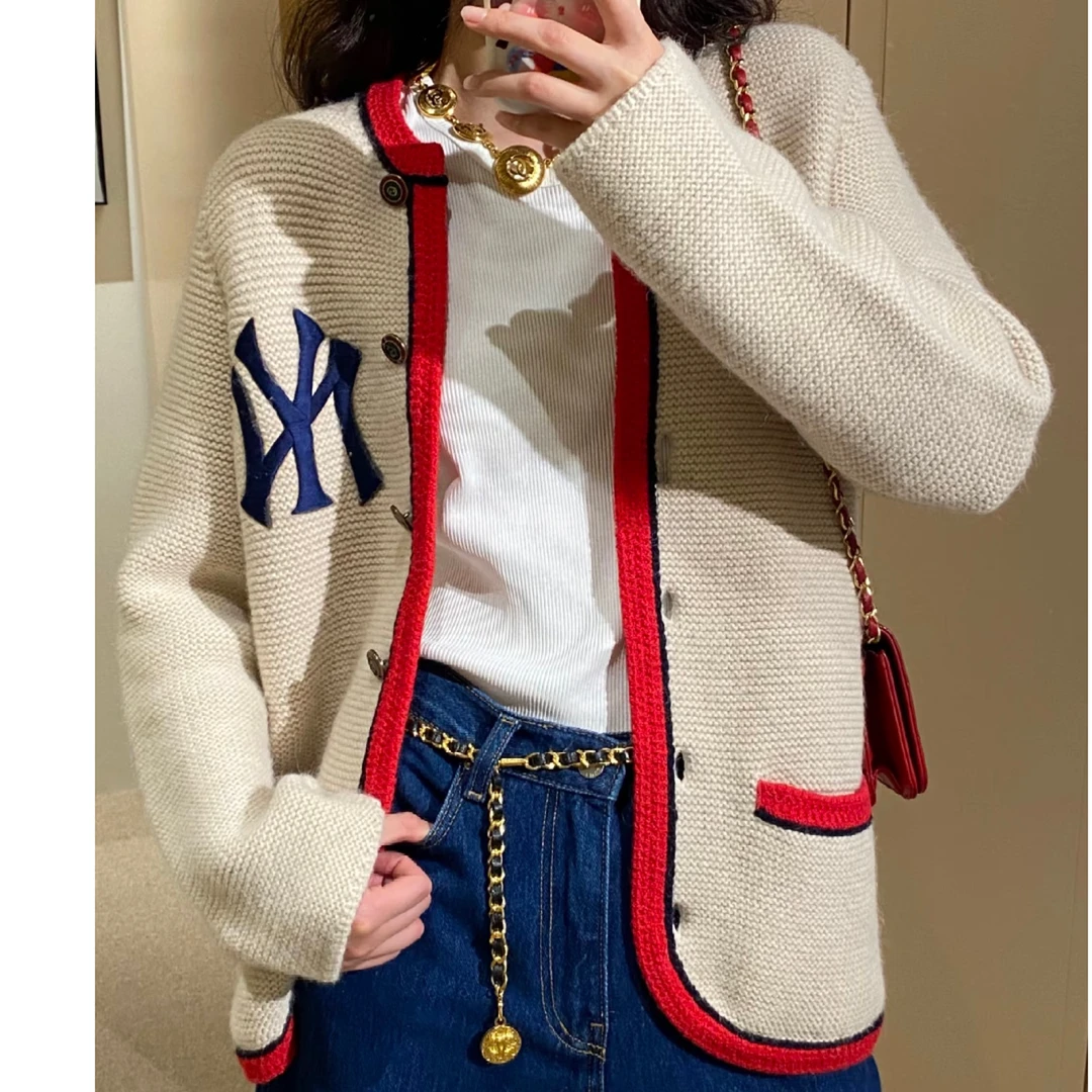 99新 GUCCI/古驰 WM25833/L码/字母Logo刺绣滚边针织开衫