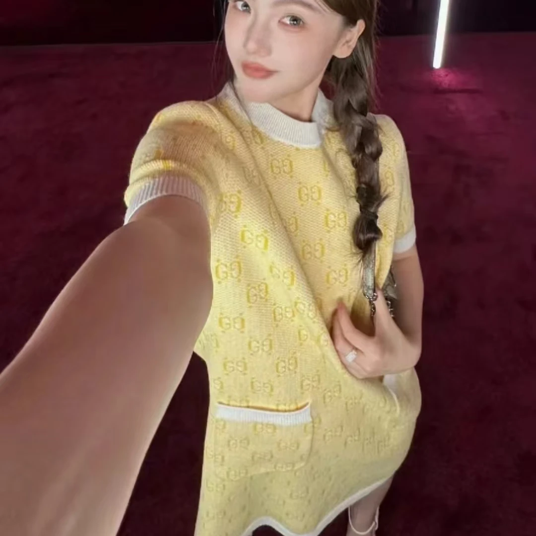 全新未使用 GUCCI/古驰 Gucci 满印针织短袖连衣裙 黄色s码