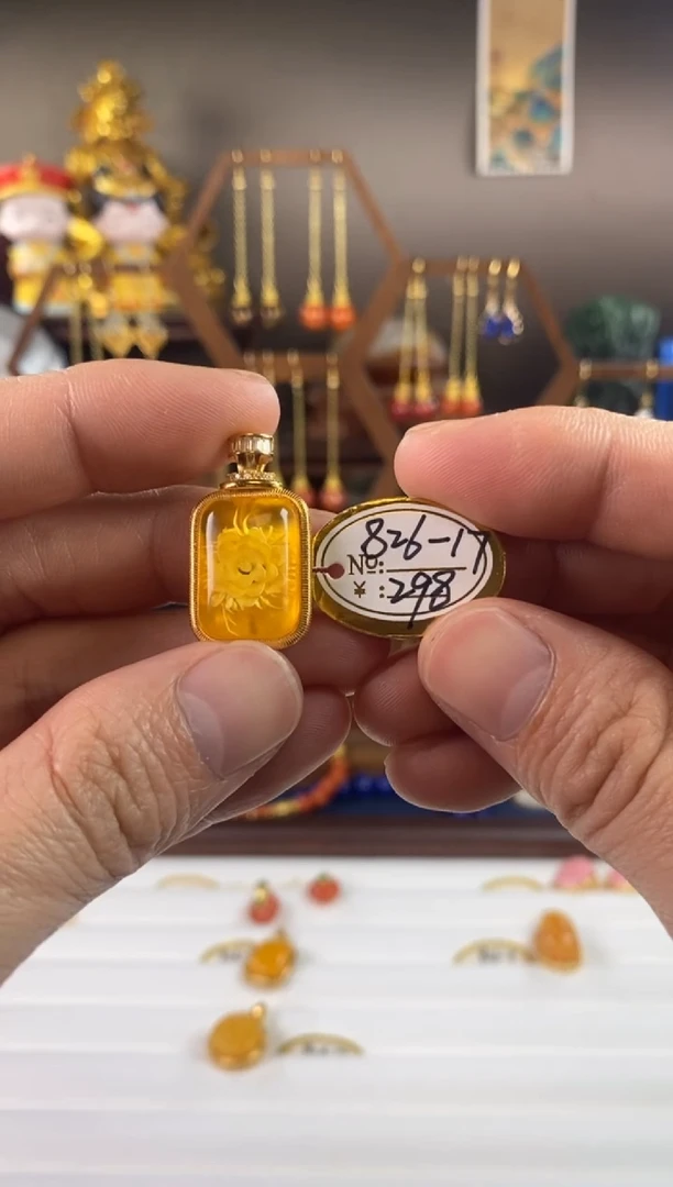 琥珀项链银S925镀金镶嵌，826-17琥珀吊坠