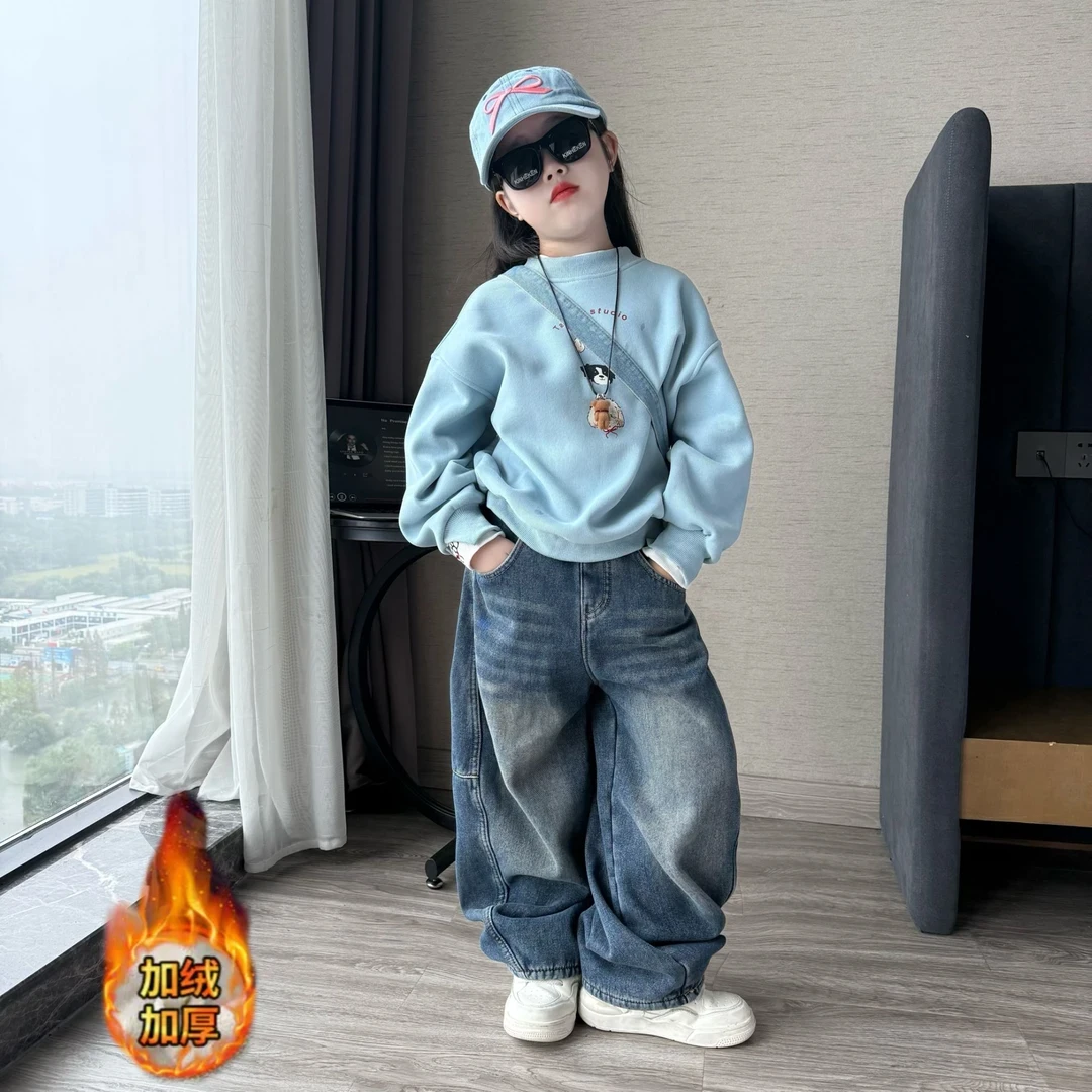 女童秋冬韩版洋气假两件加绒卫衣套装中大童加绒牛仔裤老爹裤