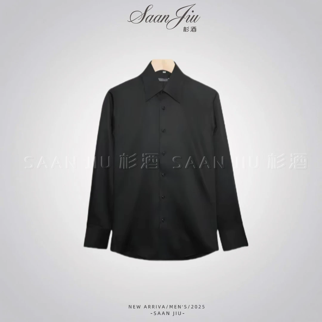 杉酒SJ男士【英式大尖领】100%天然长绒棉色丁修身长袖衬衫商务衬衫