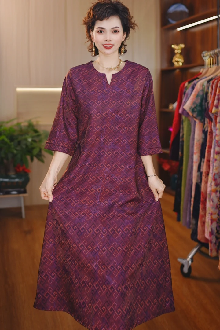 A-25541时尚宽松显瘦连衣裙立领紫色格纹