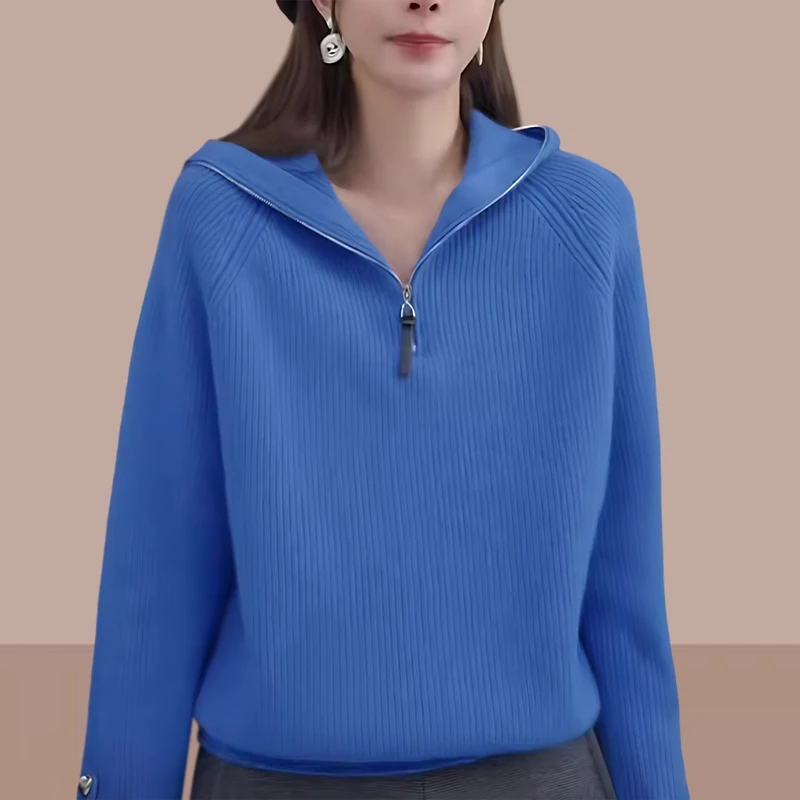 洋气克莱因蓝显白针织衫2025秋季通勤风毛衣休闲百搭保暖连帽外套