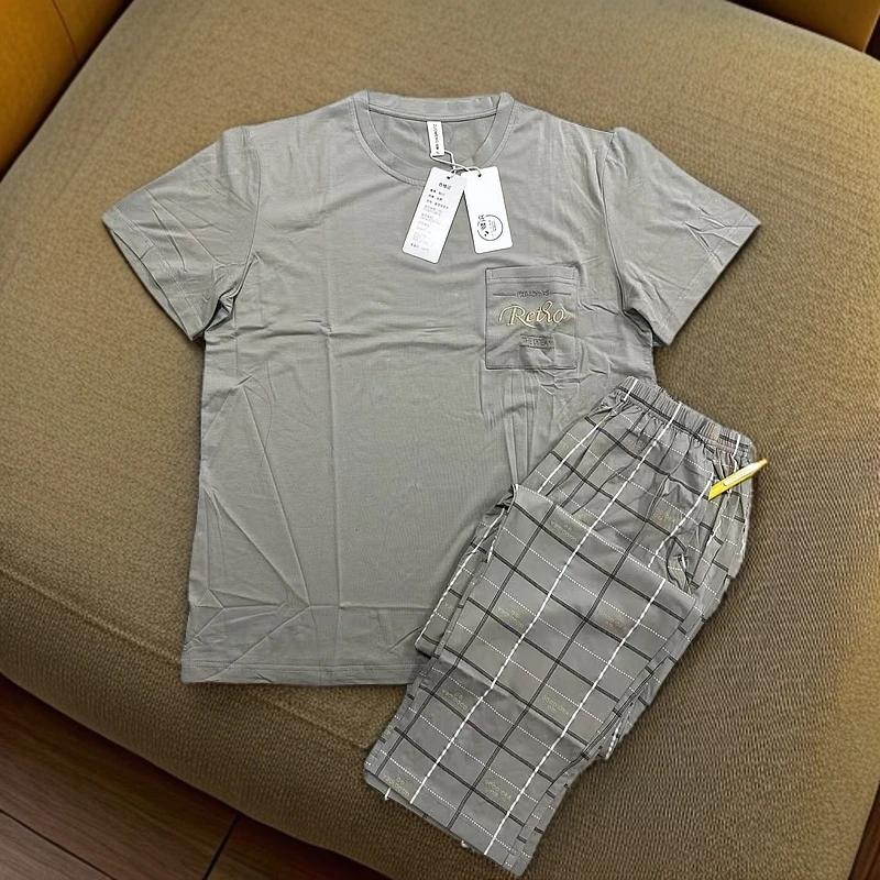 2025夏季男士凉感棉高级浅咖色亲肤透气睡衣家居服可外穿短袖长裤