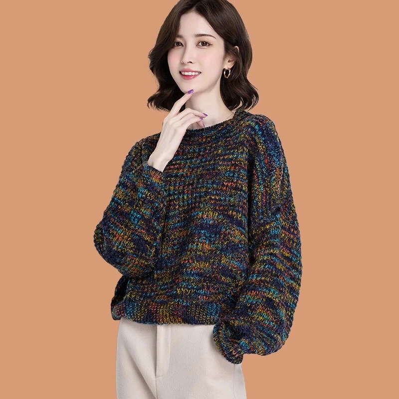 【薛懒懒专属】提花时尚气质设计师条纹套头圆领针织衫毛衣女