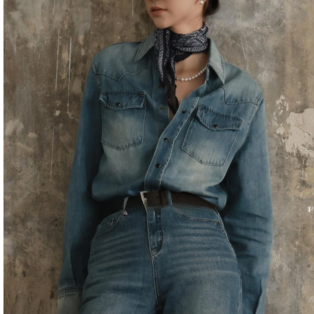 复古时髦ins牛仔衬衫女新款高级感休闲宽松显瘦百搭上衣牛仔裤子