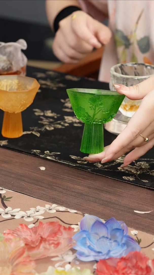 琉璃手工艺品绿色菊花高足茶盏