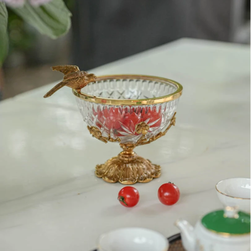 【奇居巍】鹊上梅梢黄铜水晶玻璃果盘#G1135