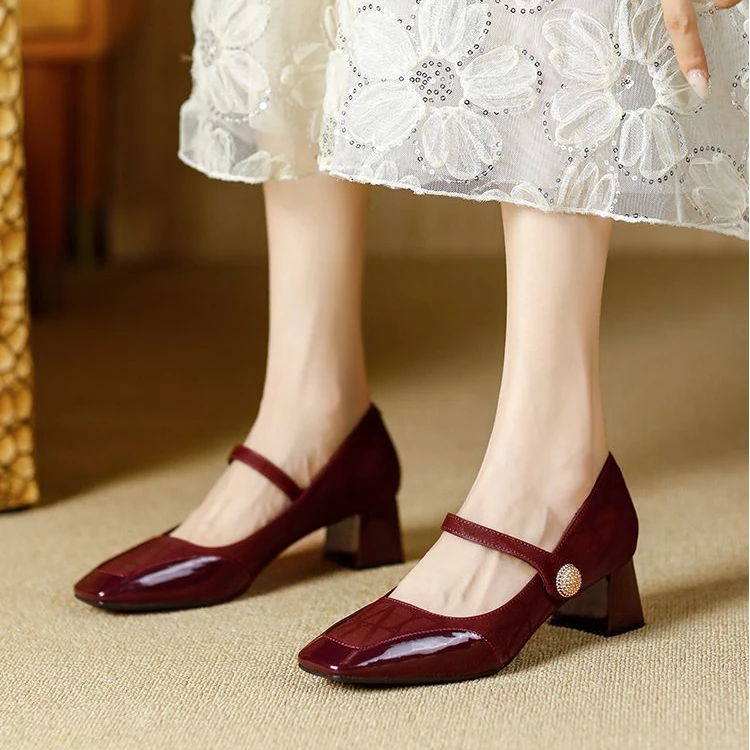 Swefie Guidi单鞋女2025新款拼接粗跟一字带法式方头高跟玛丽珍鞋