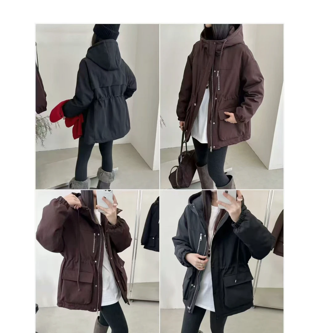 薇莎918韩版宽松加厚加绒显瘦收腰连帽冲锋衣中长款派克外套女