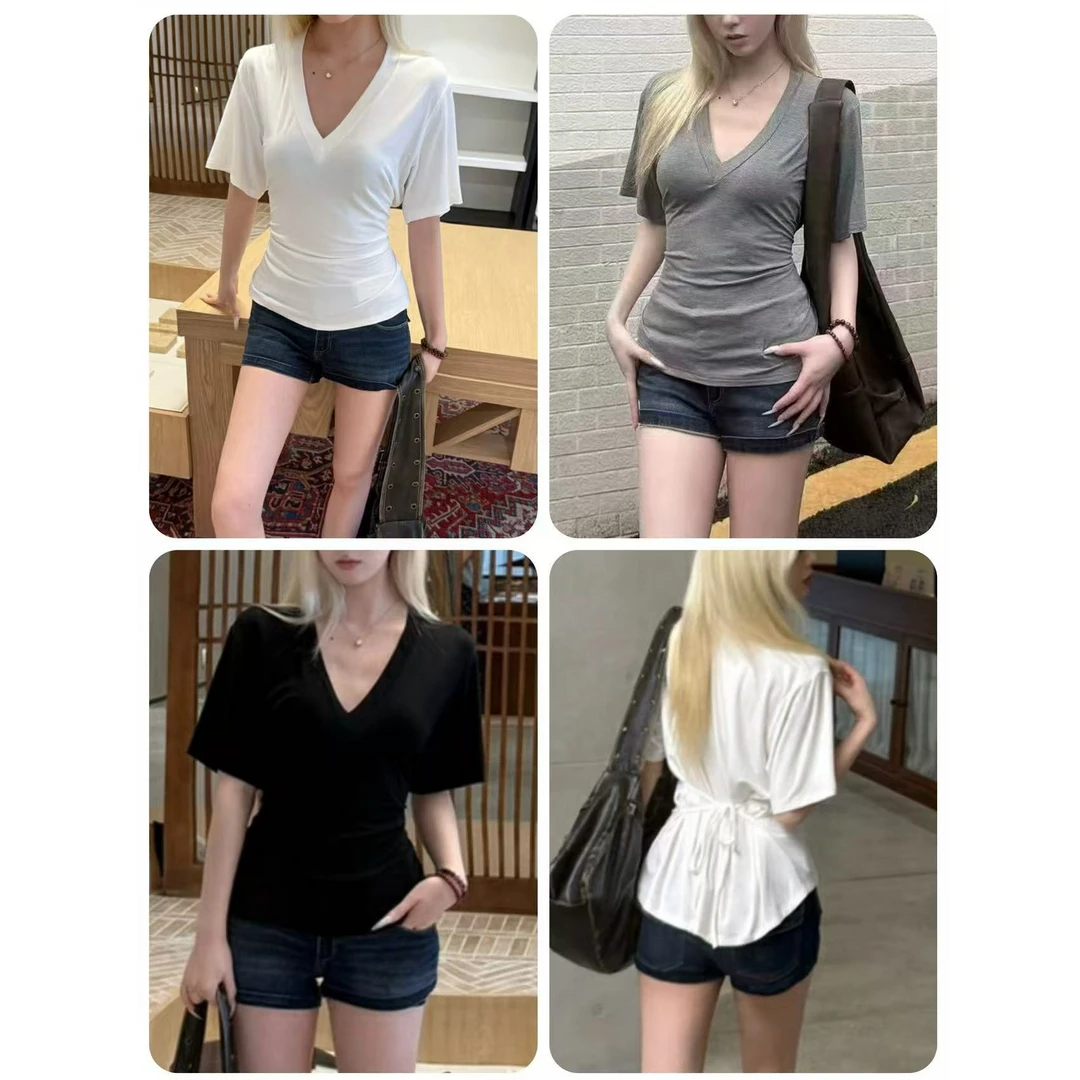 十三行白白-夏季新款纯色百搭V领系带收腰短袖上衣#7781
