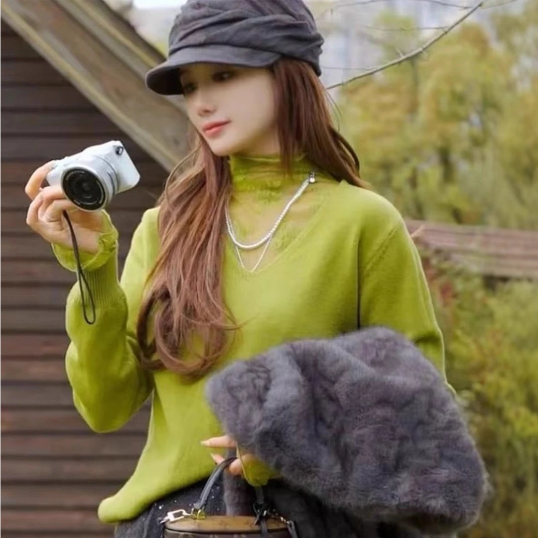 法式气质蕾丝拼接高领针织衫女2025秋季设计感宽松显瘦打底衫毛衣