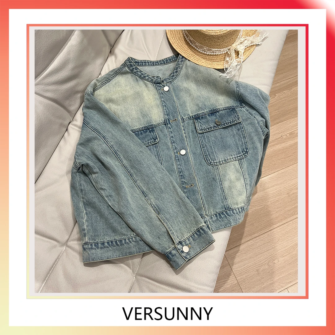 (5920)美式复古宽松休闲浅色小立领牛仔外套