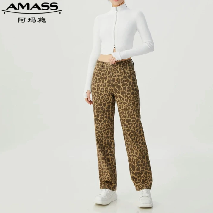 AMASS/阿玛施美式潮流高腰摩登时尚显瘦百搭豹纹直筒裤女 5100470