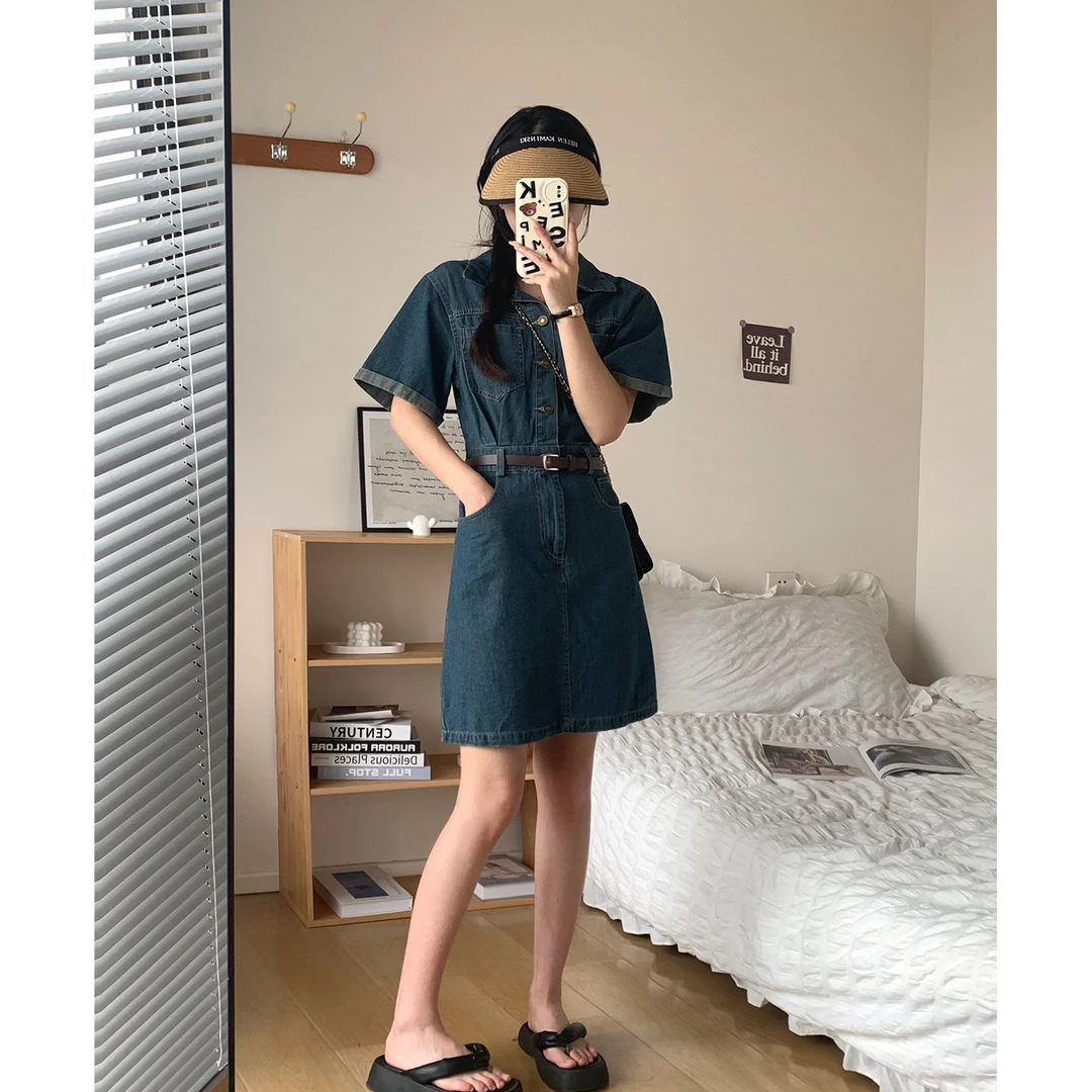 复古收腰牛仔连衣裙女夏季新款法式高级感小个子气质港风长款裙子