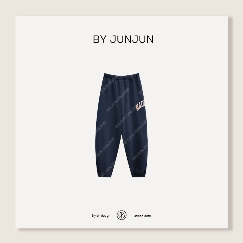 ByJunjun美式刺绣 松紧腰束脚卫裤百搭显瘦休闲裤