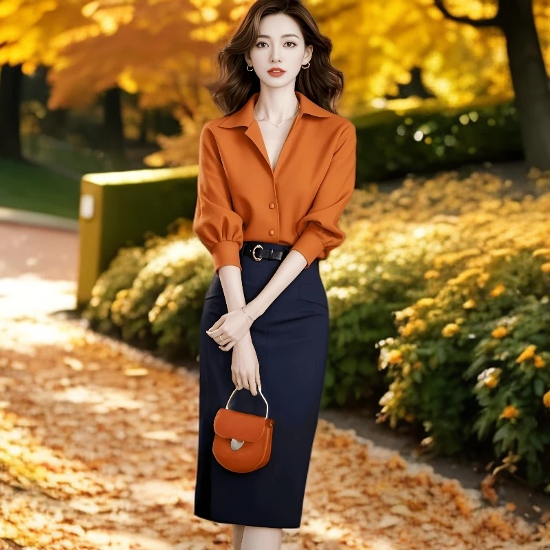 高档洋气长袖两件套女装春秋时尚休闲橘色衬衫半身裙显瘦百搭套装