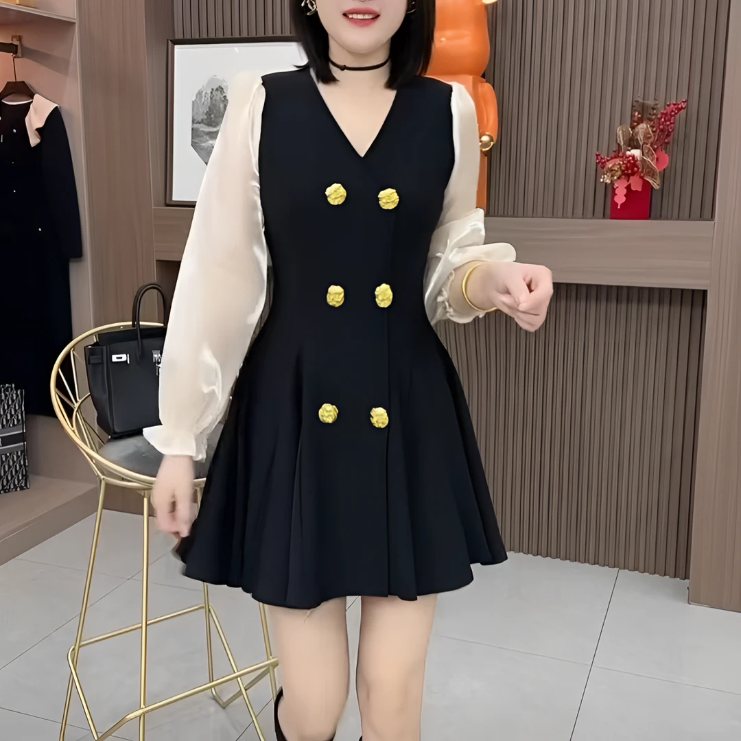 拼接春夏秋A字裙常规高腰连衣裙黑色修身时尚网红裙子设计感