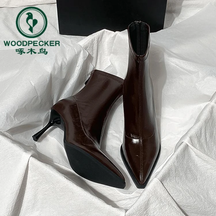 啄木鸟棕色高跟短靴女2025秋冬新款百搭法式小踝靴尖头弹力瘦瘦靴