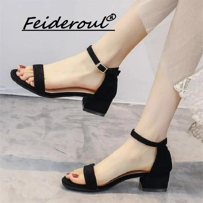 Feideroul凉鞋2025新款百搭中粗跟一字带高跟鞋黑色软底上班大码