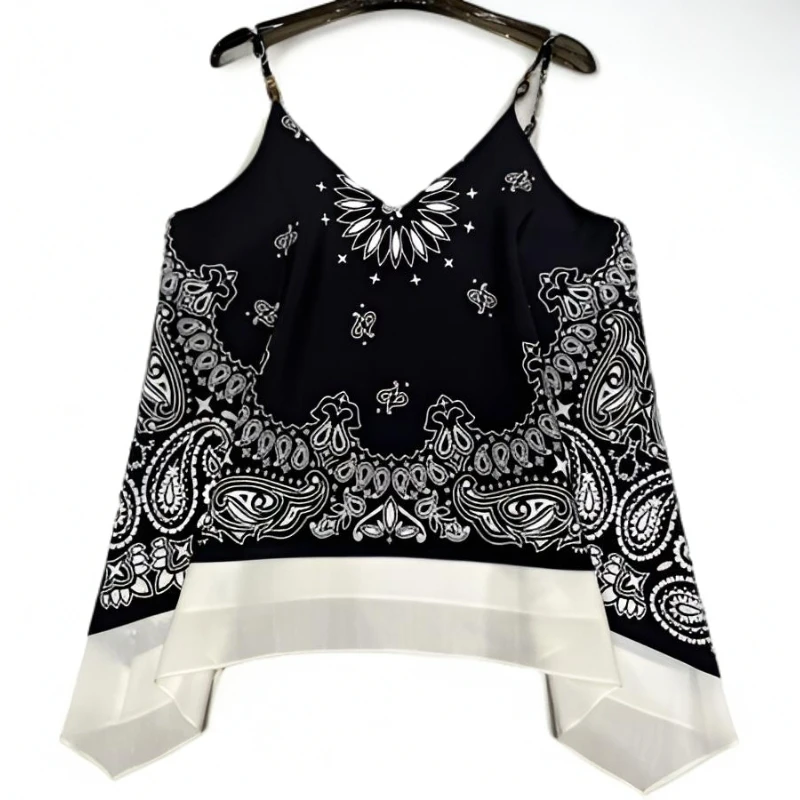 68262黑白花下摆花边定位花上衣小吊带