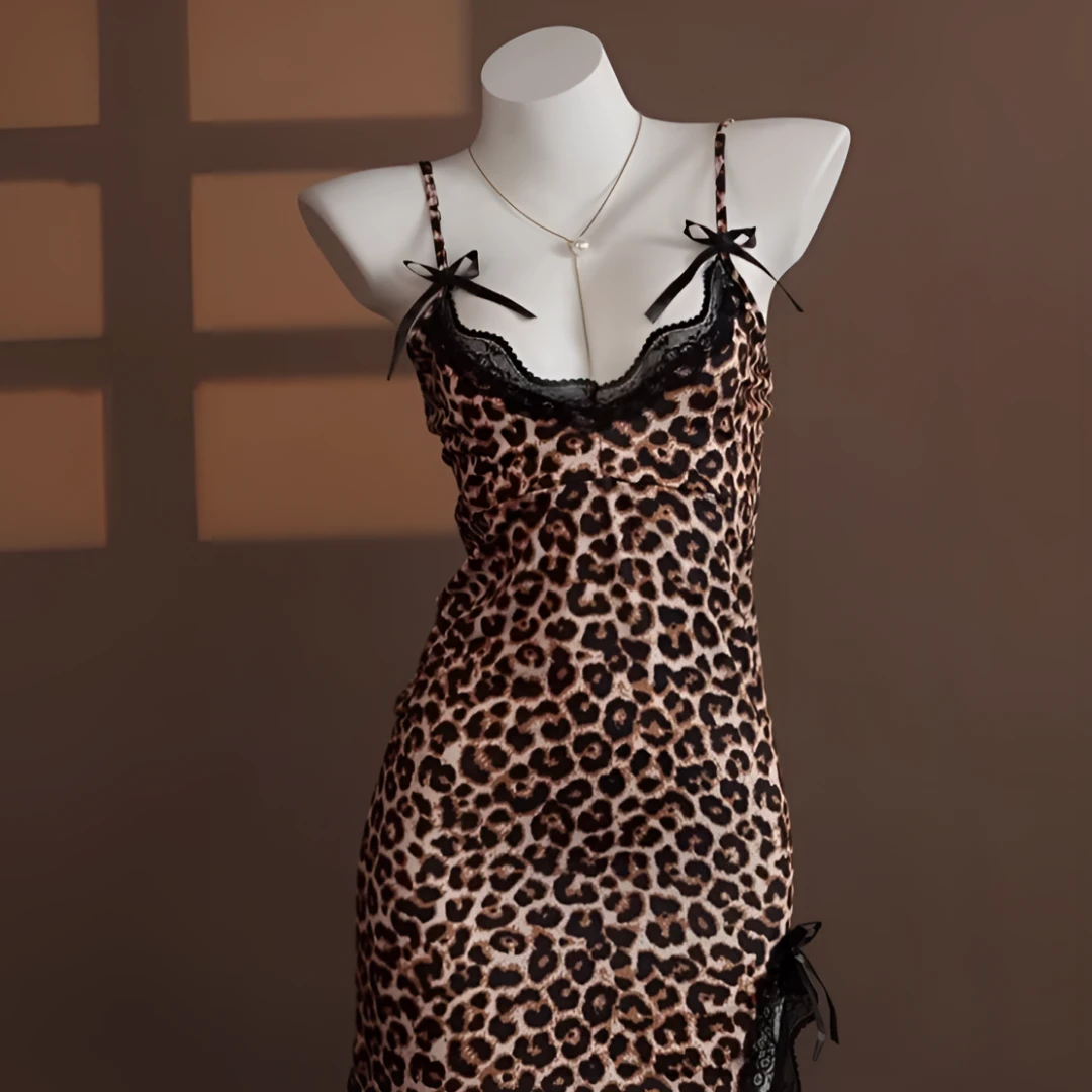 【80-190斤】新款豹纹性感吊带纯欲风高弹力夏季蕾丝蝴蝶结修身睡裙