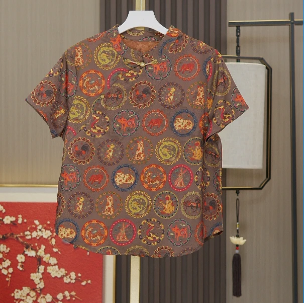 【十二生肖】桑蚕丝立领斜襟短袖国风小衫夏季轻薄提花轻奢新中式