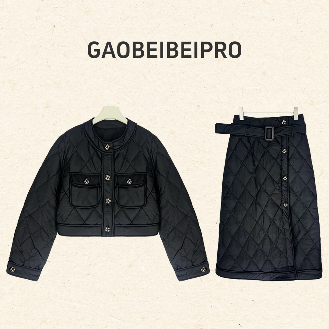 【北北-5574-5573】时尚菱形格上衣+半身裙套装