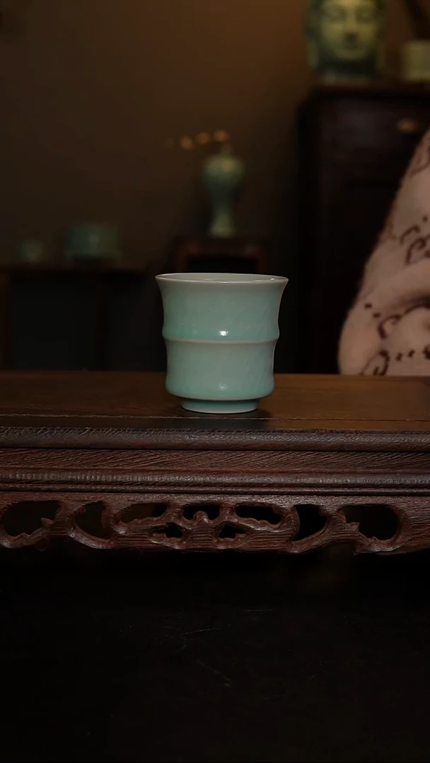 摆件仿古手工军绿竹节杯