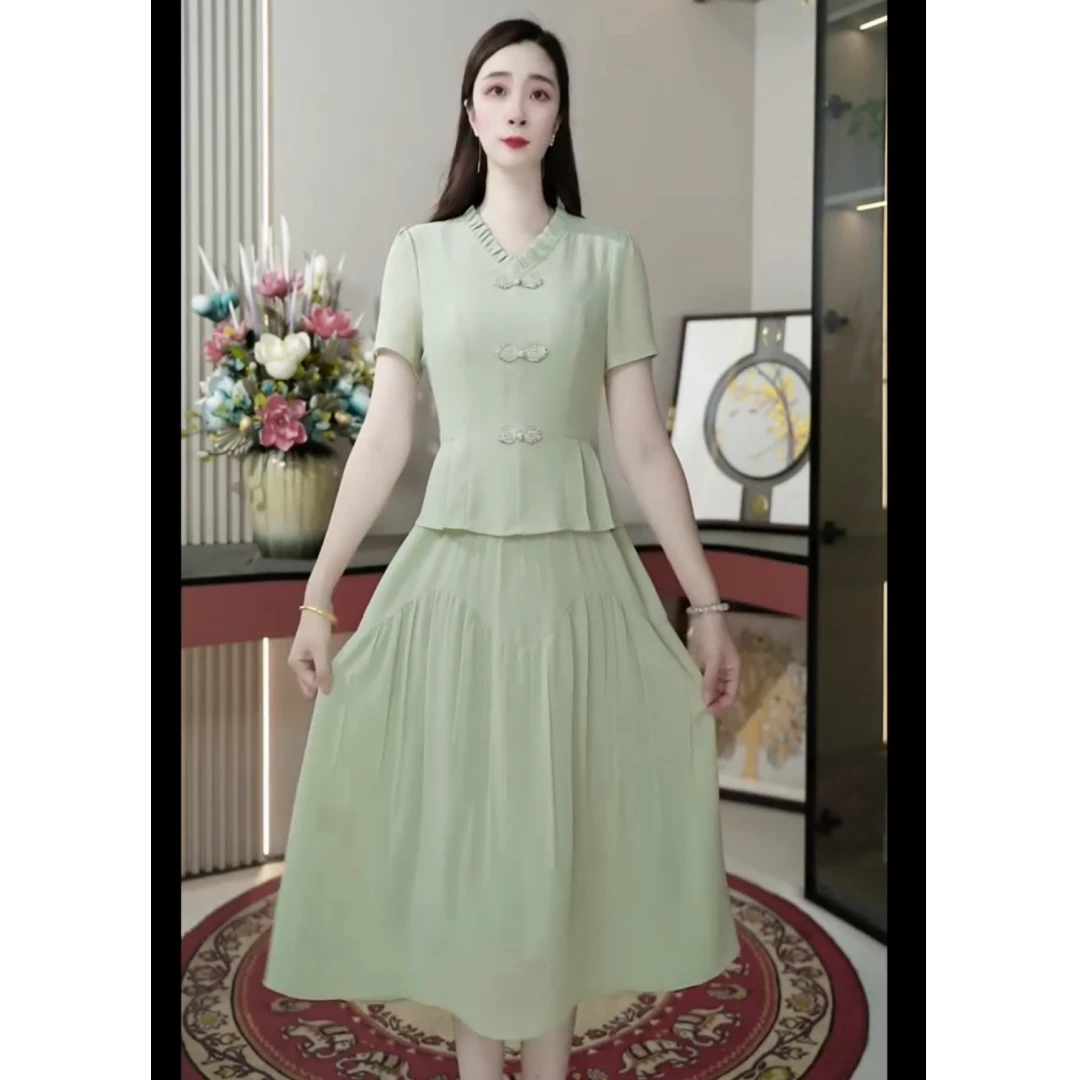 2535夏新款显瘦短袖连衣裙时尚洋气减龄遮肉中式气质中长款A字裙
