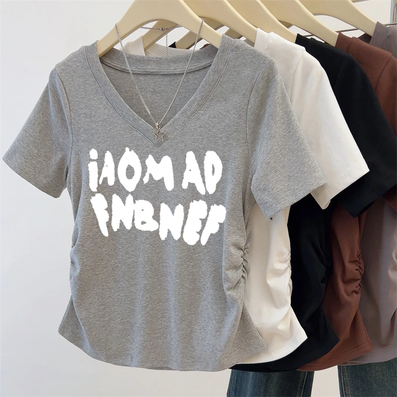 93棉大码胖mm2025夏季新款正肩修身上衣印花褶皱收腰显瘦短袖t恤