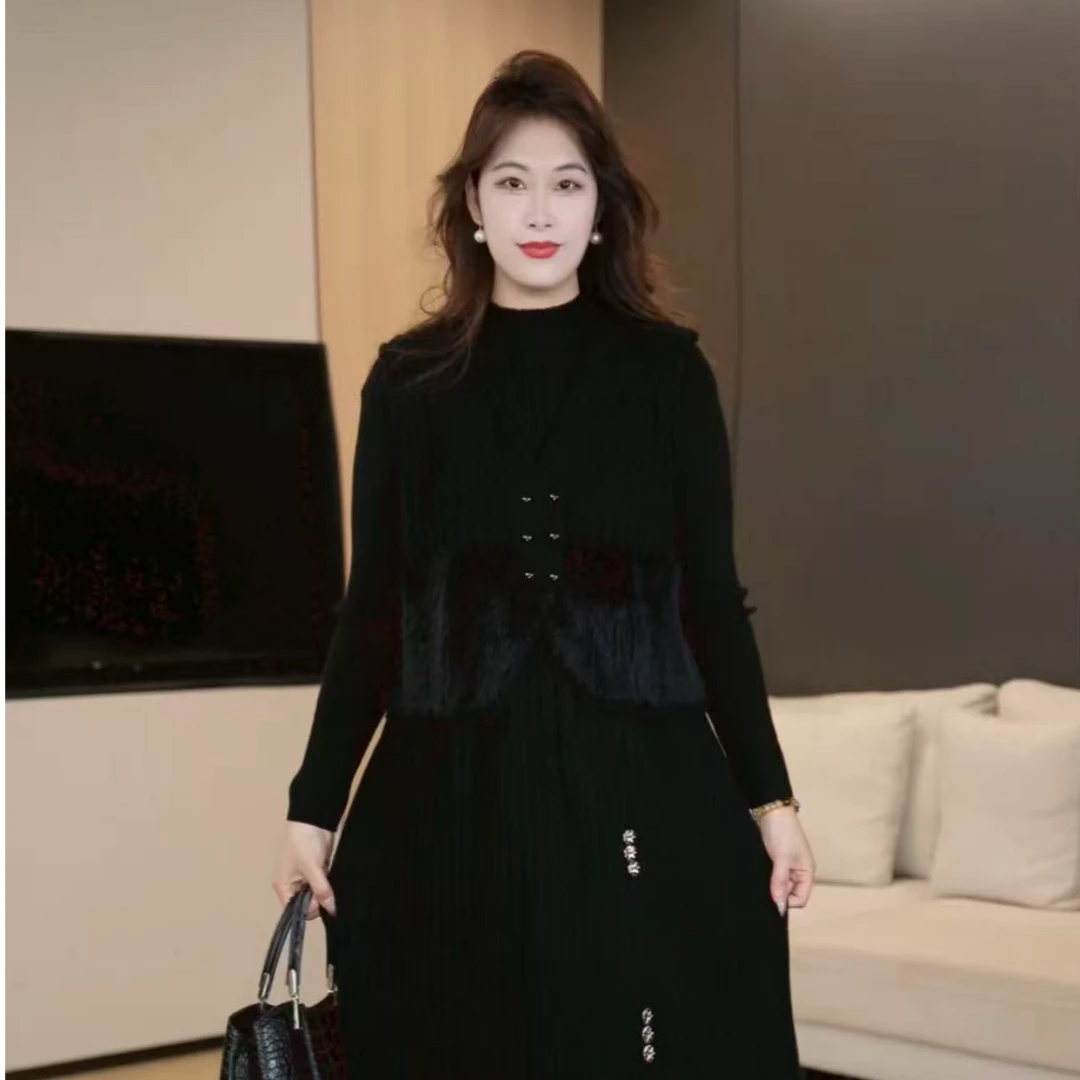 【两件套】薇姐大码女装显瘦气质压褶长袖连衣裙套装QD268