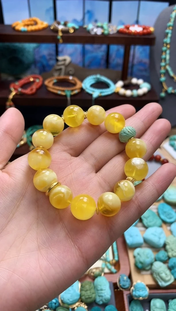 手链蜜蜡18K金镶嵌金瓷白蜜蜡单圈