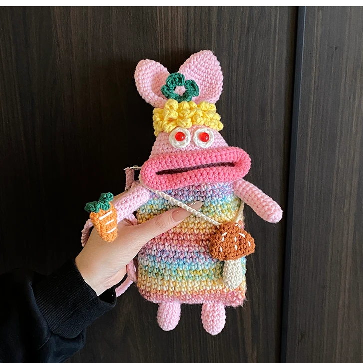 【成品】纯手工钩织丑萌大嘴手机包毛线编织丑萌兔子单肩斜挎手机包