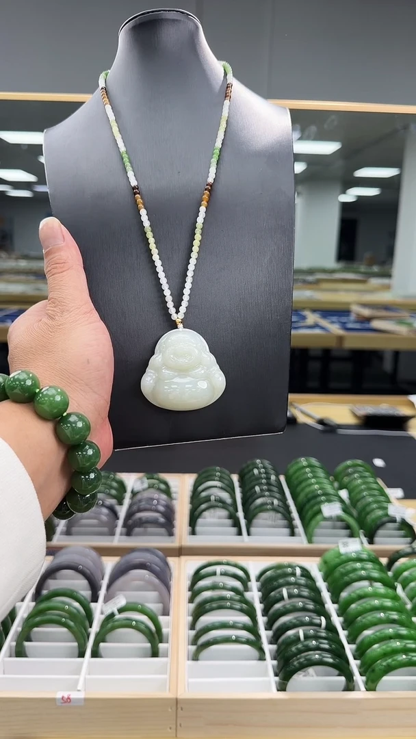 吊坠(赠链)未镶嵌和田玉白玉佛公49*50+多宝项链4m*148