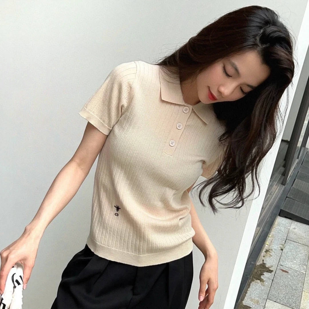 未使用 DIOR/迪奥 条纹纹理针织POLO短袖 白色/36