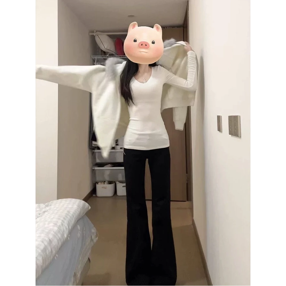 白色v领美式长袖t恤女秋冬基础款内搭修身加长打底衫春季百搭上衣