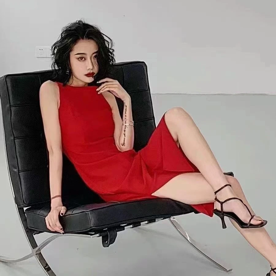 【Pansy】夜晚咖啡馆 肯豆一字肩无袖纯色长款修身显瘦连衣裙-2150