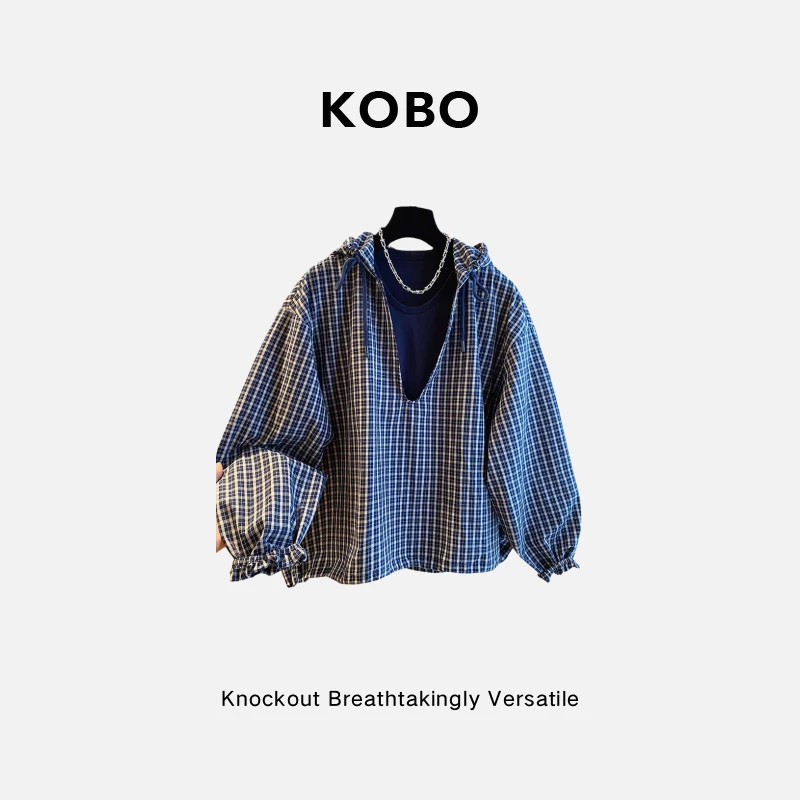 02269高级感薄款连帽格子衬衫女长袖新款秋季宽松套头假两件上衣