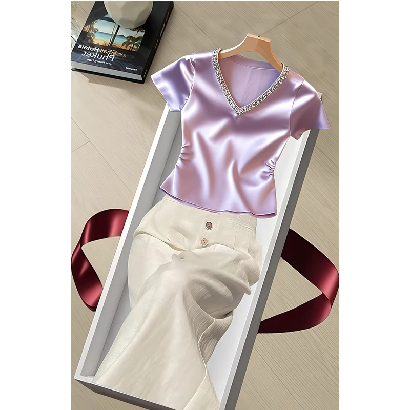 法式气质名媛紫色V领短袖T恤女2025夏季新款洋气减龄设计感上衣潮